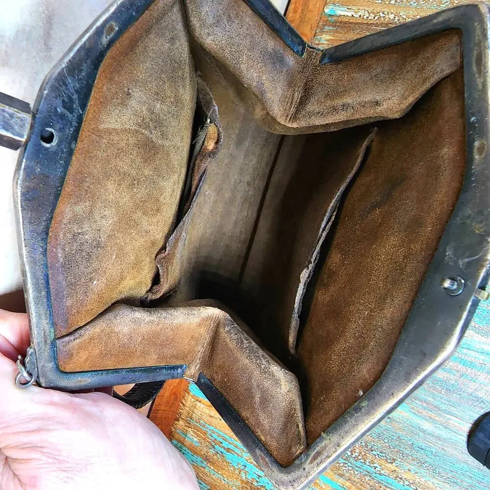 Vintage Leather Purse 1930s Hand Tooled Leaf Scroll Metal Clasp Brown Satchel